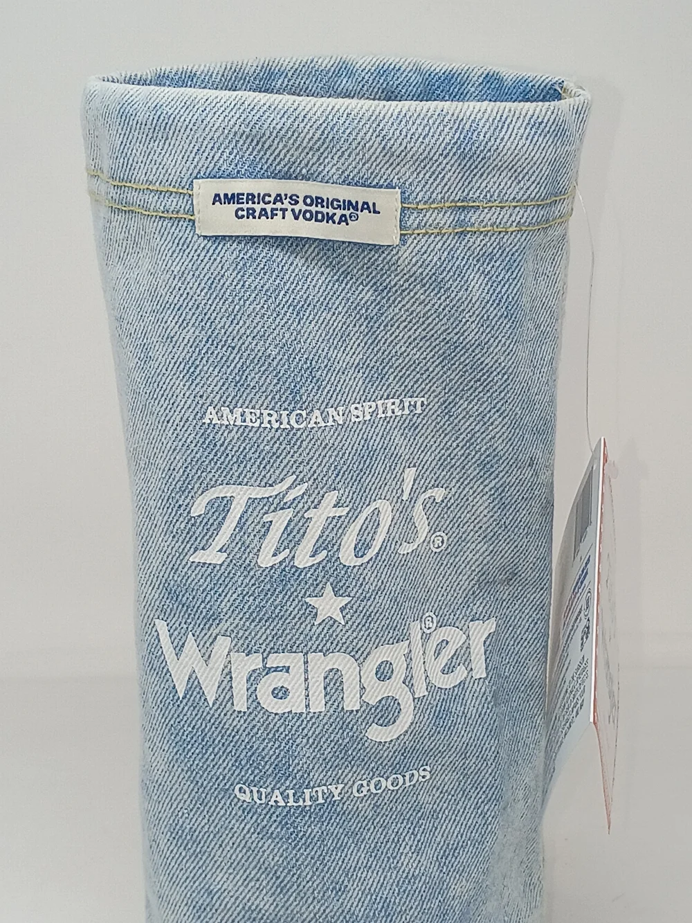 Wrangler Light Blue Denim Bottle Holder with Tito's Patch And Drawstring